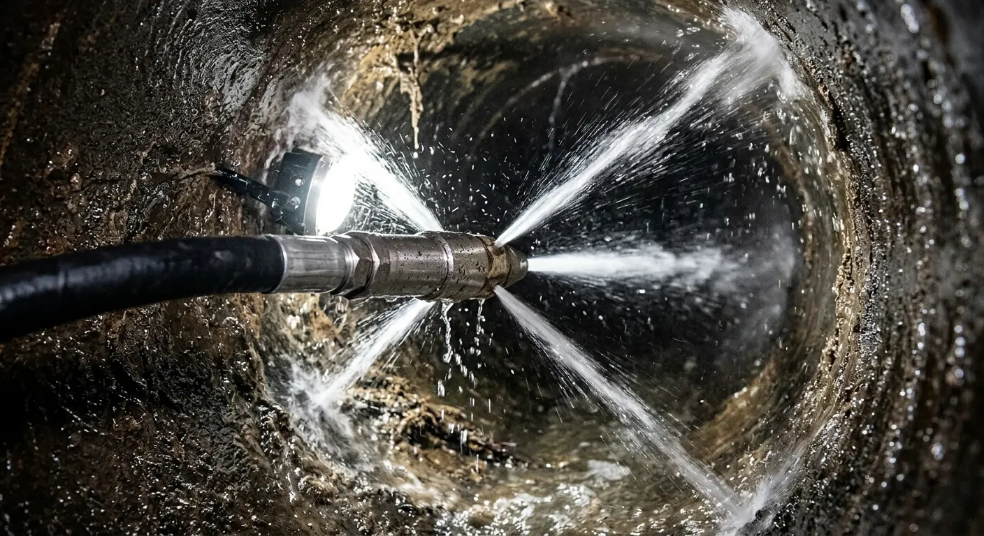 High-pressure hydro jetting nozzle cleaning sewer pipe for Trenchless Sewer Repair in Walton