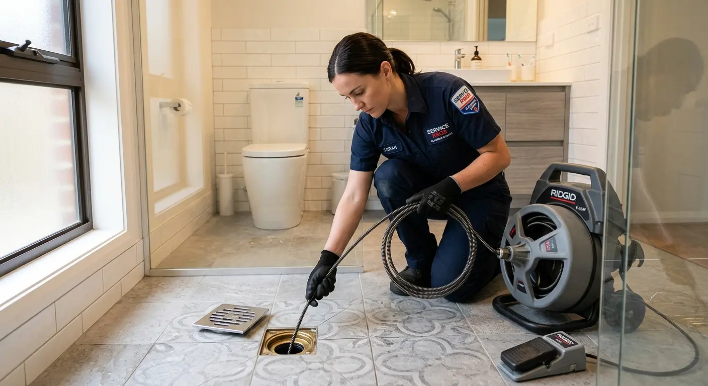 Technician clearing a bathroom floor drain for Drain Repair in Walton